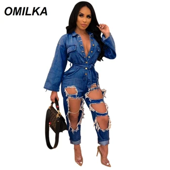 

OMILKA 2019 Summer Sexy Holes Jeans Jumpsuit Women Overalls Button Pocket Long Sleeve Soft Loose Casual Denim Romper Streetwear