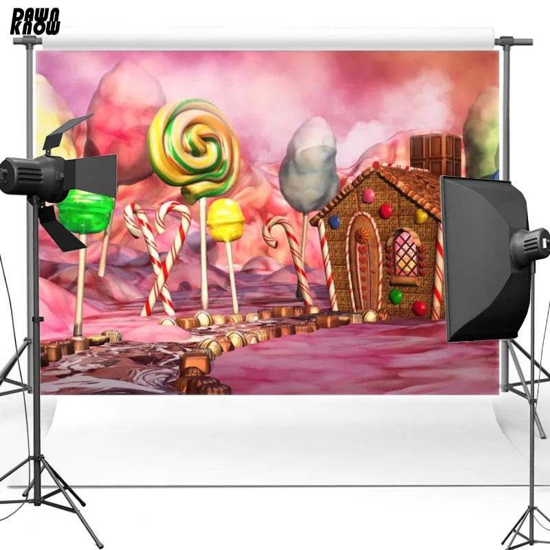 

DAWNKNOW Polyester Photography Background Cartoon Pink Candy House Vinyl Backdrops Fairy Tale For Children Photo Studio F2237