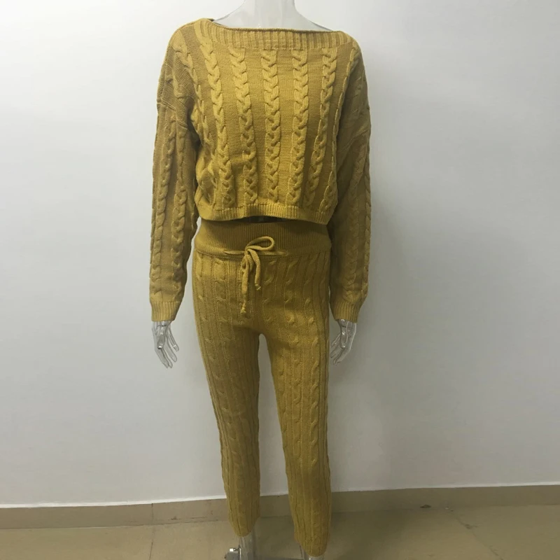 Комплект из двух предметов, свитер, вязаный однотонный уличный свитер с длинным рукавом и однотонные штаны, зимний осенний сексуальный костюм из 2 предметов, женская одежда