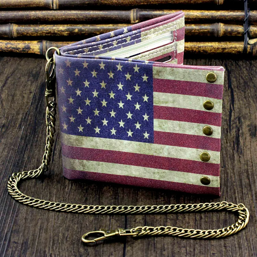 

Men/ Women Vintage Retro Style U.S. Flag Faux Leather Wallet W/ Safty Chain