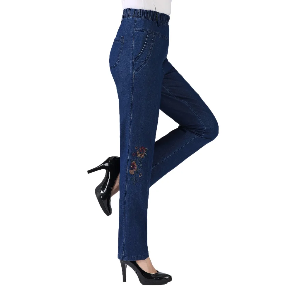 Middle Aged Women Blue Denim Pants Flower Embroidery Jeans Mature Women Elastic Waist Jeans Trousers Mother Bottoms Pantalones Middle Aged Women Blue Denim Pants Flower Embroidery Jeans Mature Women Elastic Waist Jeans Trousers Mother Bottoms Pantalones