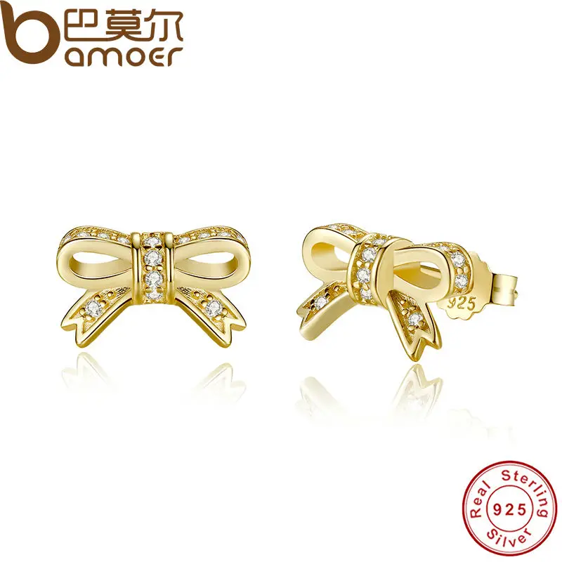 

BAMOER Romantic Authentic Sparkling 925 Sterling Silver Bow Stud Earrings Jewelry PAS418