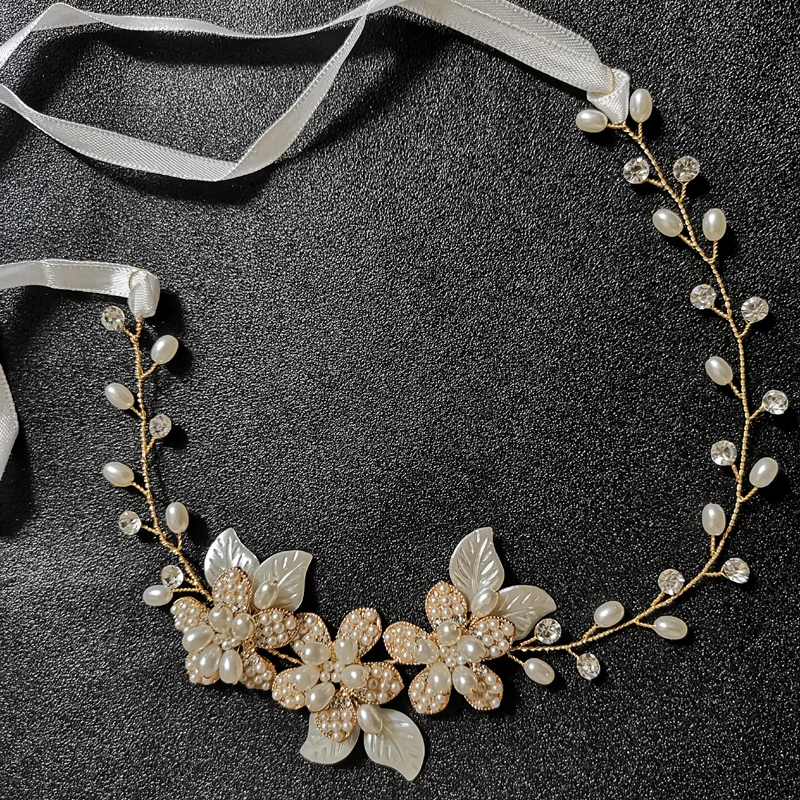 SLBRIDAL Handmade Wired Gold Crystal Rhinestones Pearls Flower Wedding Hair accessories Headpieces Bridal Headband Women Jewelry | Украшения