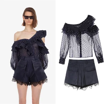 

New wave point inclined shoulder falbala long sleeved jacket lace stitching shorts G04129