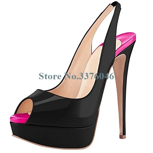 Boldees 2018 Women's Fashion Slingback Thin High Heels Platform Pumps For Women Patent Leather Super High Heel Shoes Big Size