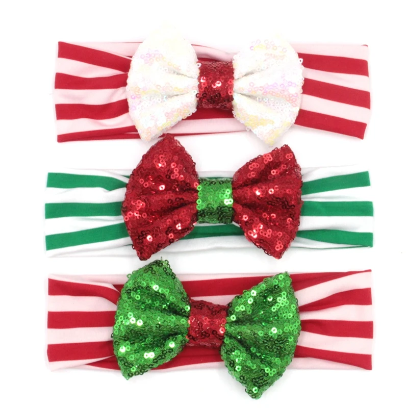 

Retail 1PC New Arrival Christmas Gift Headband 4'' Big Sequin Bow Striped Elastic Headband For Girls & Kids 2017 Christmas Hair