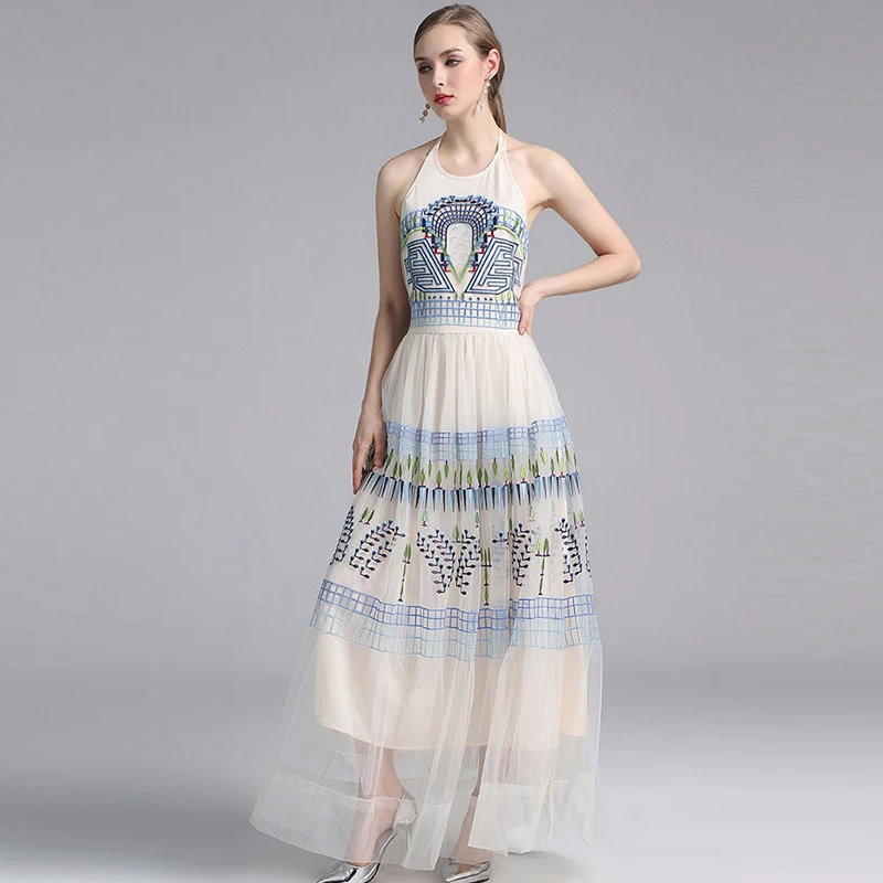 HIGH QUALITY New Fashion 2018 Runway Maxi Dress Women's Halter Neck Gauze Embroidery Long Dress