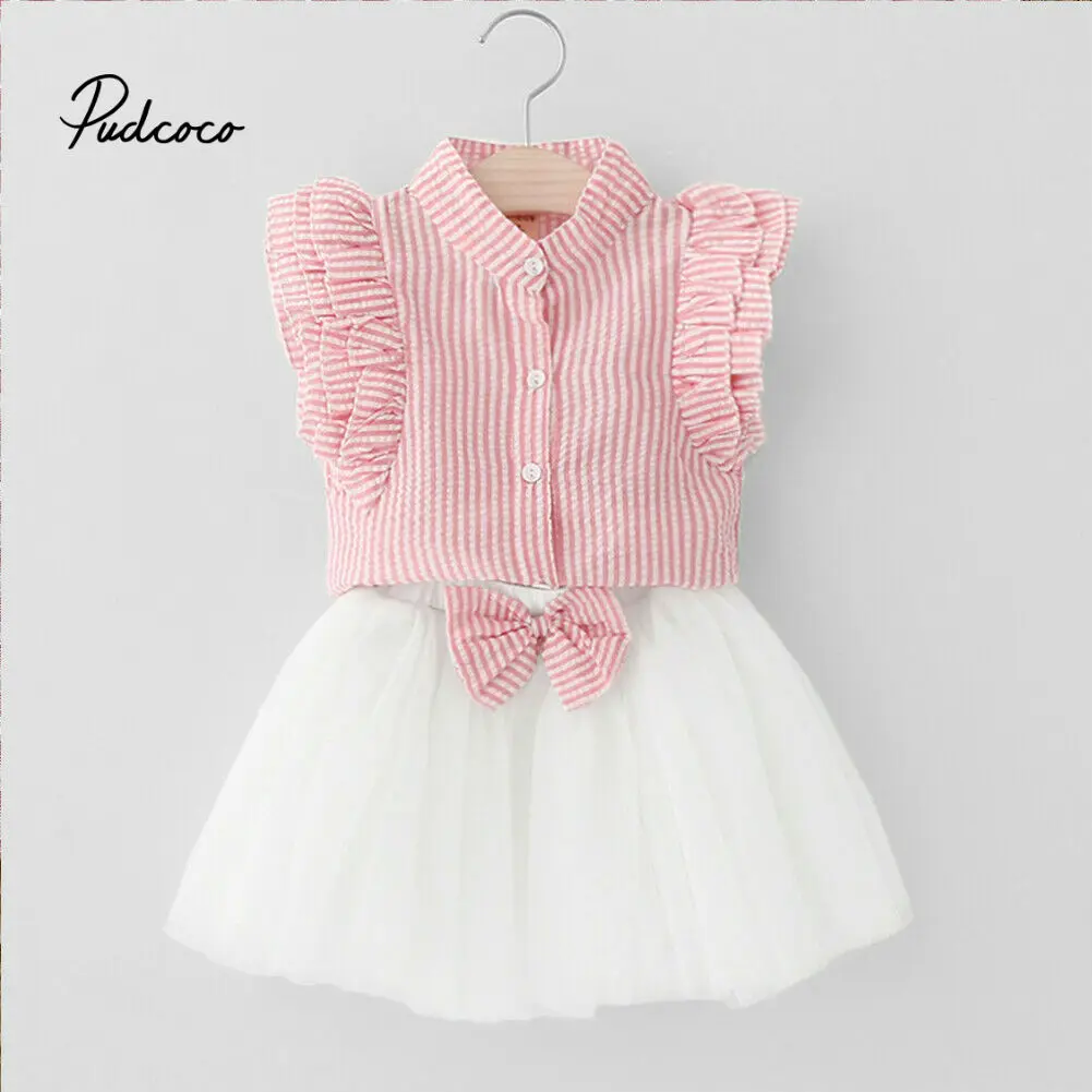 

Toddler Kids Baby Girls Clothes Ruffles Sleeve Striped Dress Princess Party Pageant Wedding Tutu Dress Clothes