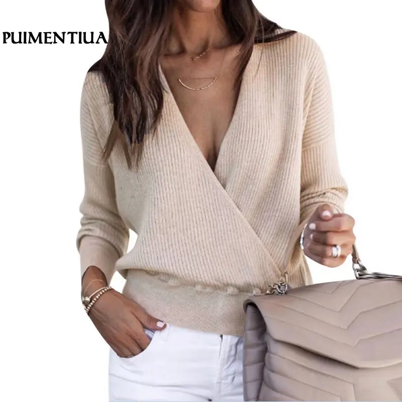 

Puimentiua 2018 Long Sleeve Sexy V-Neck Sweater Women Autumn Winter Warm Elegant Knitted Pullover Jumpers Female Casual Sweaters