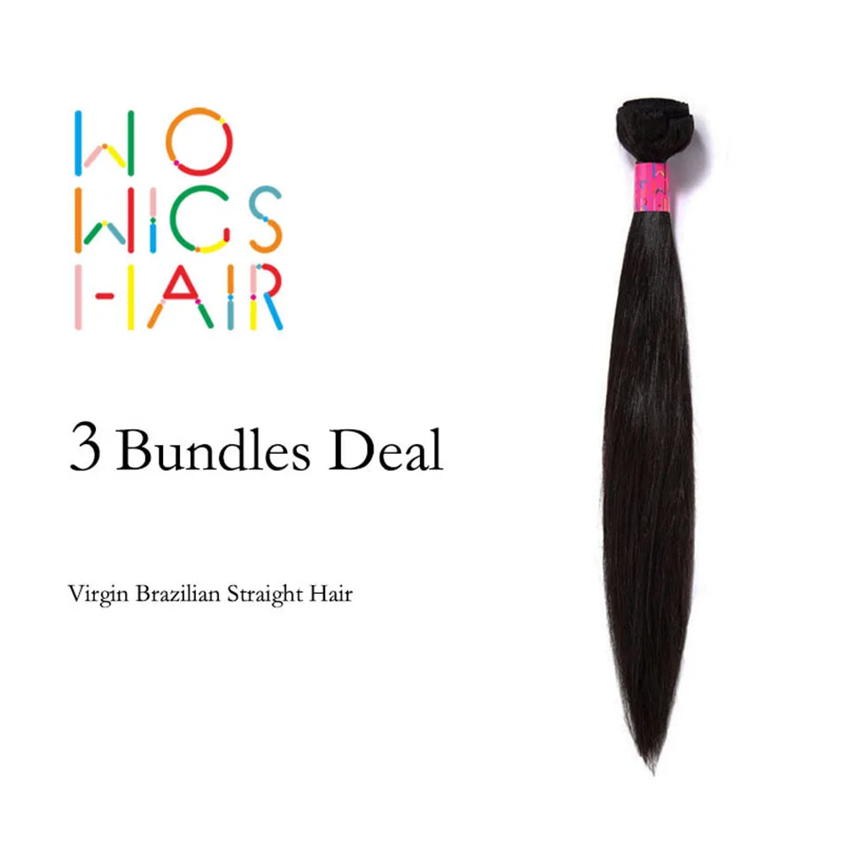 WoWigs Hair Brazilian Virgin Hair Straight 3 Bundles Deal Natural Color 1B