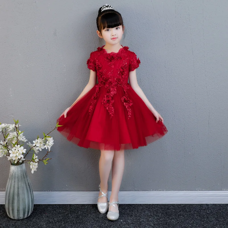 

Cute Princess Girls Dresses Kids Birthday Party Gowns Short Sleeve Flower Girl Dress Toddler Kids Baby Girls Lace Dress AA273