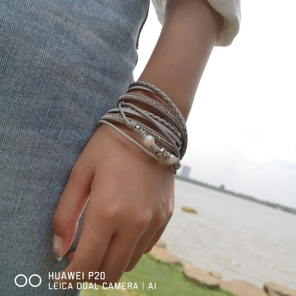 

Rinhoo 1 Pc Handmade Multilayer Leather Wristband Bracelet Imitation Pearls Crystal Charm Bracelets & Bangles For Women Men Gift