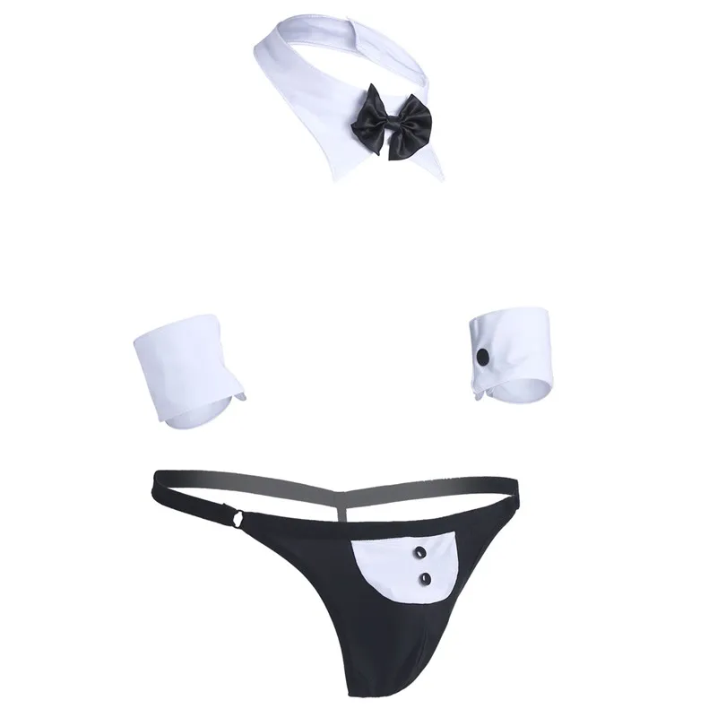 Male Mens Lingerie Bow Waiter Lingerie Costume Suit Open Back Tuxedo G-string Thong Underwear with Bow Tie Collar and Bracelets