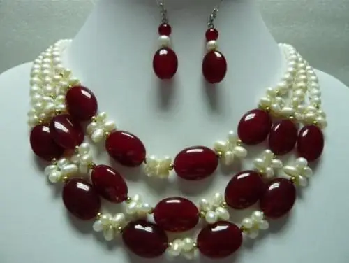 

Hot sale new Style >>>>>3Row white pearl red jade necklace earrings