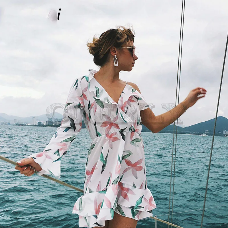 

Cuerly 2019 spring summer ruffled dress women v neck bow beach mini dress streetwear chic print dress female L5
