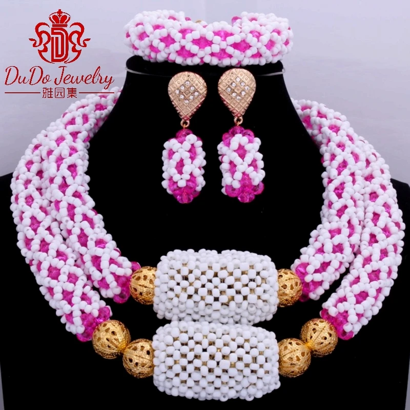 

Hot Pink / Fuchsia & Milk White African Jewelry Set Nigerian Wedding Beads Necklace Set Of Beads Bridal Beads Jewelry Sets New