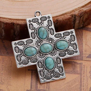 

DoreenBeads Zinc Based Alloy silver color Boho Chic Pendants Cross Green Blue Pattern DIY Jewelry Components 47mm x 43mm