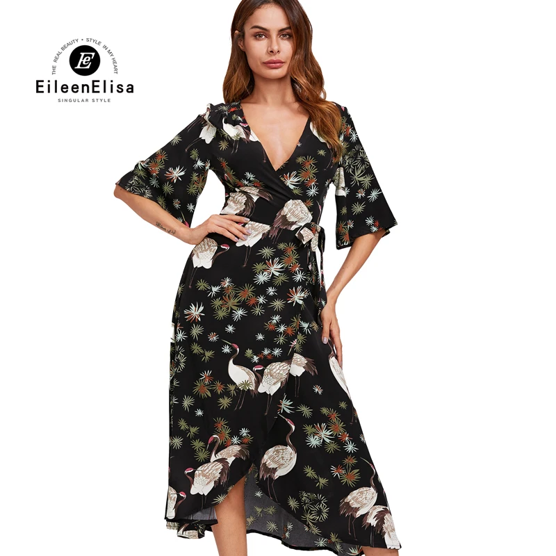 

Eileen Elisa Womans Animal Print Dresses 2017 Elegant V Neck Half Sleeve Dress Women High Low Dresses Casual