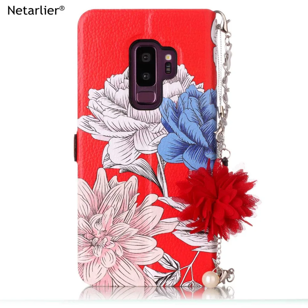 Чехол-Кошелек Netarlier для Samsung Galasy S9 Plus с подставкой цветами и карманом карт кожаный