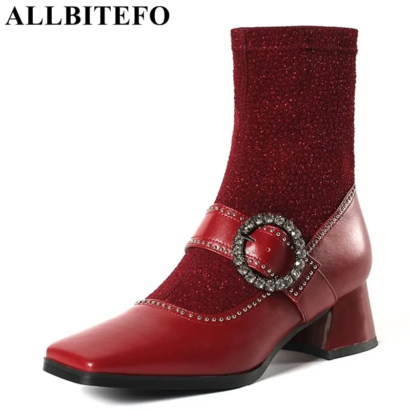 

ALLBITEFO fashion retro genuine leather square toe thick heel women boots high heels ankle boots women ladies boots size:33-43
