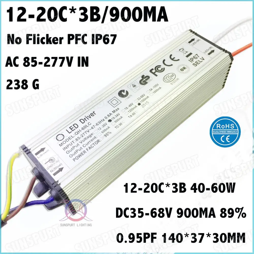 2 шт. без мерцания IP67 PFC> 0 9 60 Вт AC85-277V светодиодный драйвер 12-20Cx3B 900mA DC35-68V