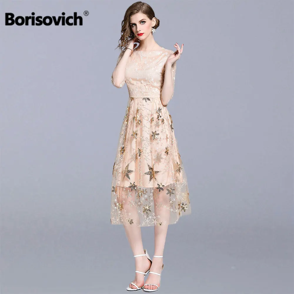 

Borisovich Women Elegant Party Dresses New Brand 2019 Summer Fashion Luxury Mesh Embroidery Female A-line Long Dress N1094