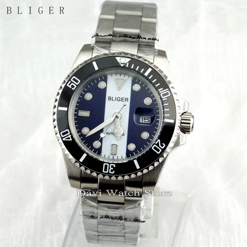

Bliger 40mm sapphire crystal white&blue dial stainless steel case strap automatic movement watch