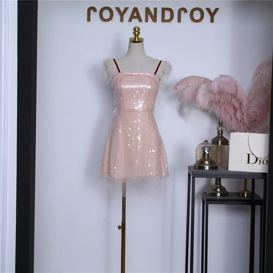 

2019 summer new sling tassel ostrich feather feather tube top heavy work sequins high waist A word dress