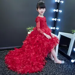 Цвет красного вина платье принцессы Детское кружевное бальное платье с аппликацией Длинные Trail платье с цветочным узором для девочек для