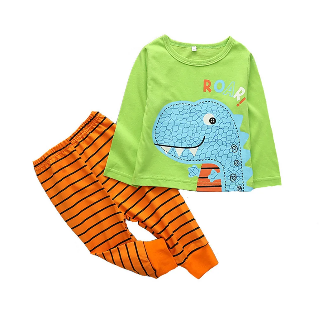 Осенняя одежда для мальчиков футболка с динозавром из мультфильма шорты в полоску детские спортивные костюмы, спортивный костюм для мальчиков 1, 2, 3, 4 лет - Цвет: green