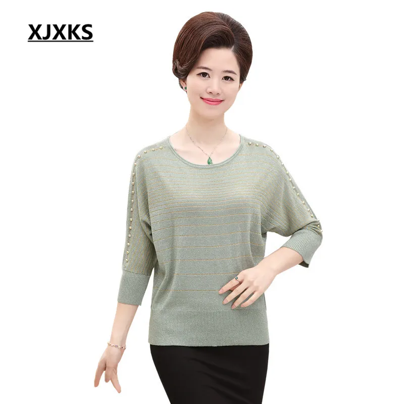 

XJXKS 2018 Casual Women Sweaters and Pullovers Three Quarter Sleeve Round Neck Loose Thin Spring Autumn Tops