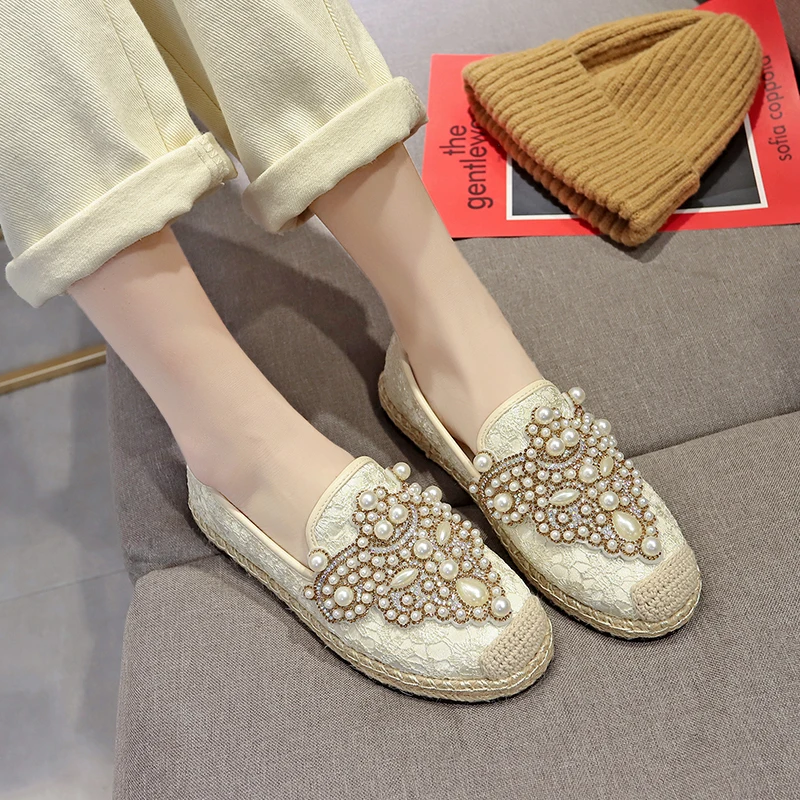 

HEE GRAND Spring Lace Espadrilles Women Flat Shoes String Bead Mesh Round Toe Slip-On Loafers Lady Casual Fashion Shoes XWD7387