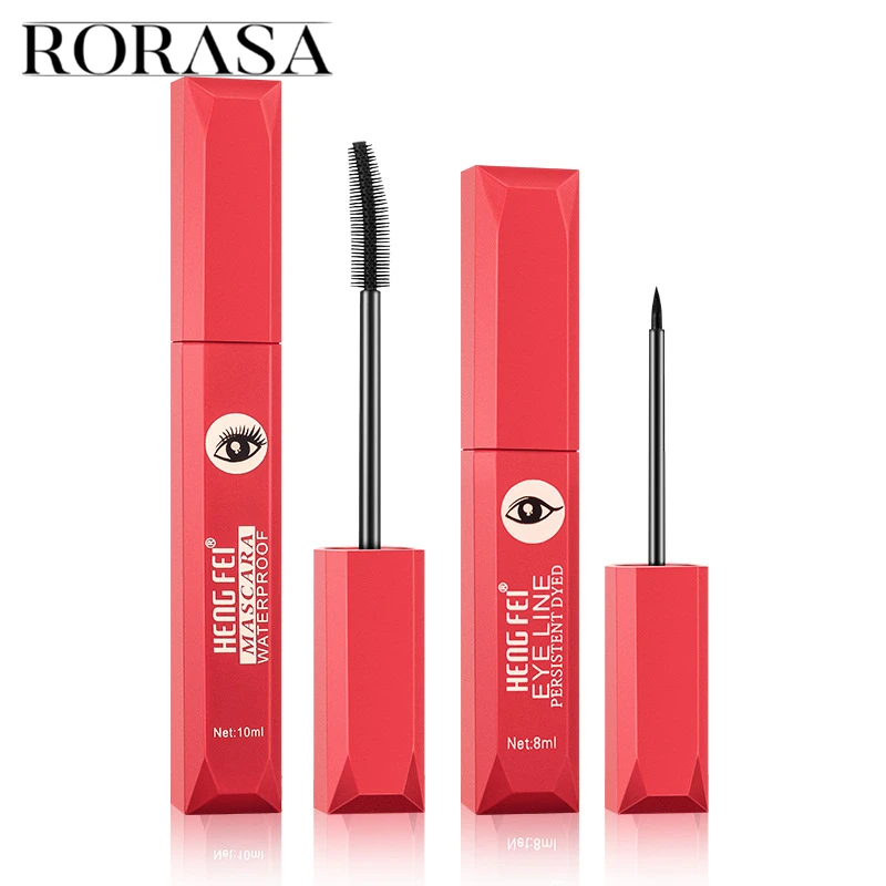 

RORASA 2 in 1 Black Mascara Liquid Profession Eye Makeup Line Wateproof Eyelliner Cosmetics Lasting Curl Mascara Makeup Set