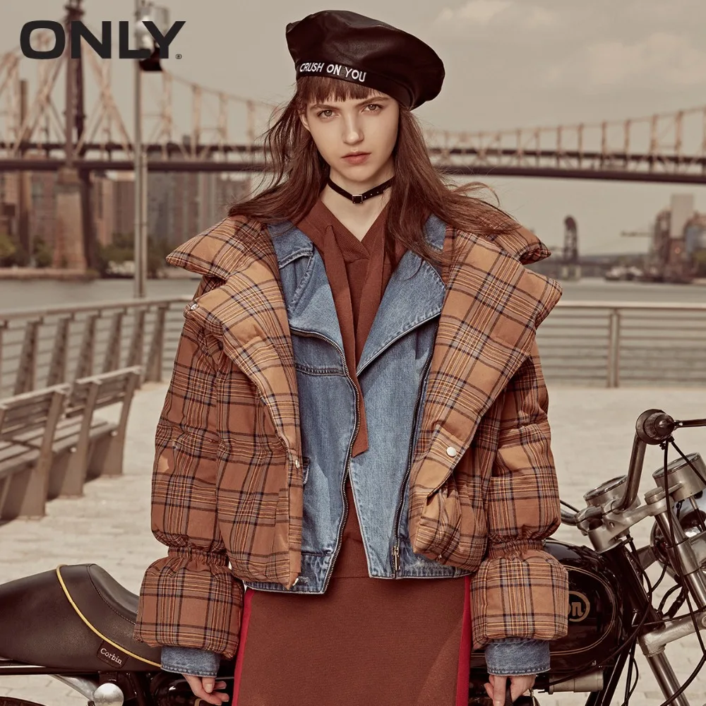 

ONLY Women's Stand-up Collar Check Pattern Short White Down Jacket |118323512