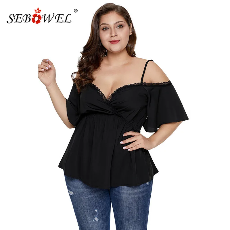 

SEBOWEL Summer Black Plus Size Cold Shoulder Short Sleeve Lace Blouses Woman Female Big Size Tops Lady Deep V Blouse Top XL-5XL