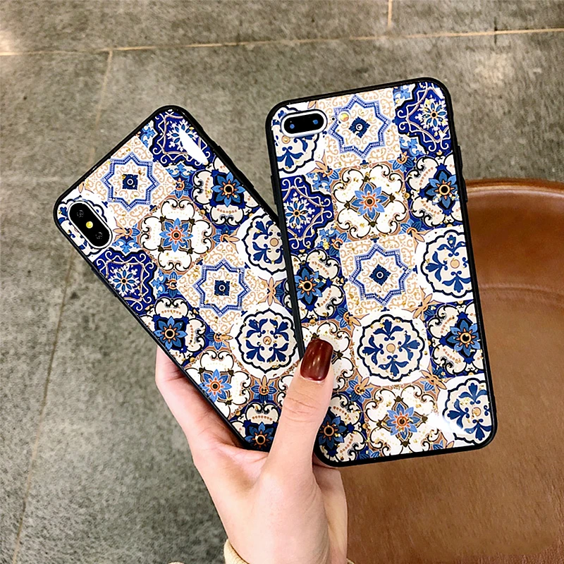 

Ethnic Style Flower Gold Foil Bling Phone Case For iphone 7 Case XS Max XR XS 8 6 6S Plus Retro geometry Pattern Soft TPU Cover