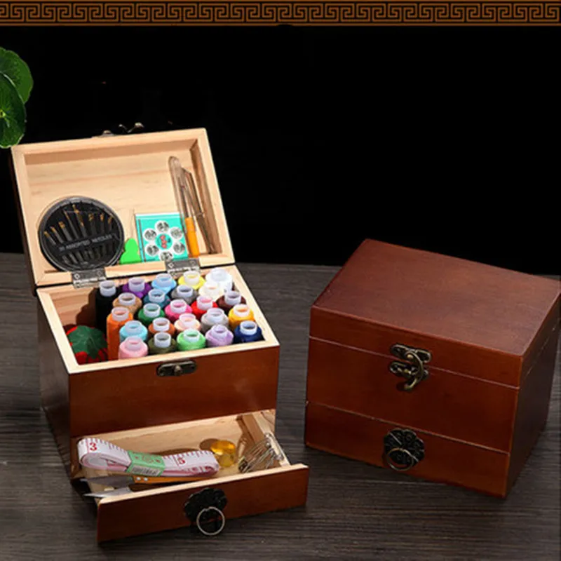Chinese style two tier sewing kit sewing kits home sewing box hand sewn solid wood