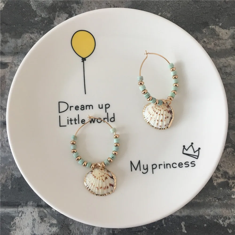

TRENDY GOLD COLOR PLATING NATURAL SHELL WITH BEAD HOOP EARRINGS FOR WOMEN
