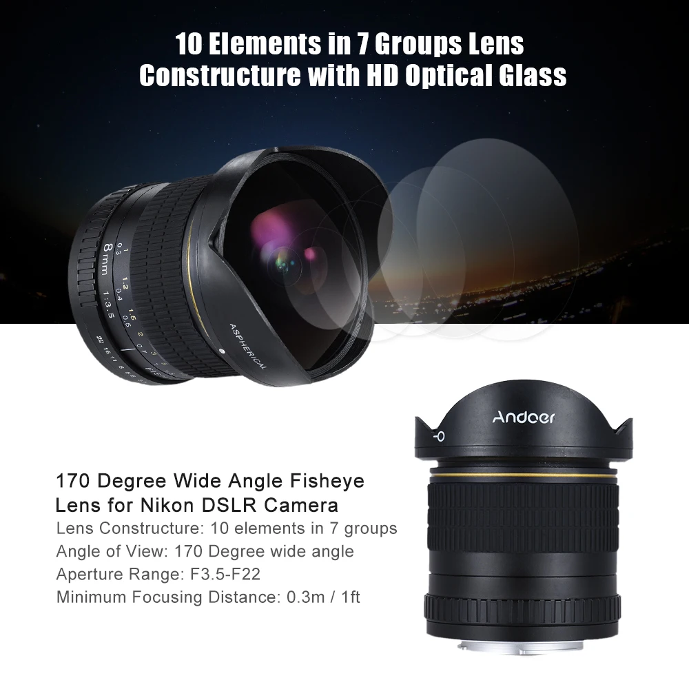 Andoer 8 мм F3.5 170 ультра широкий HD Fisheye Асферические круговой объектив для Nikon D7100 D7200 D7000 D300 D300S D5500 d810 D800 и т. д