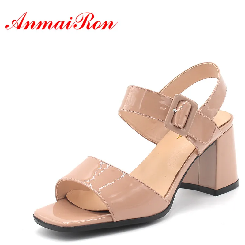 

ANMAIRON Chunky Heels Bukle Strappy Sandals Women Open Toe High Heels Shoes Woman Summer Shoes Women Leather Nude Pumps