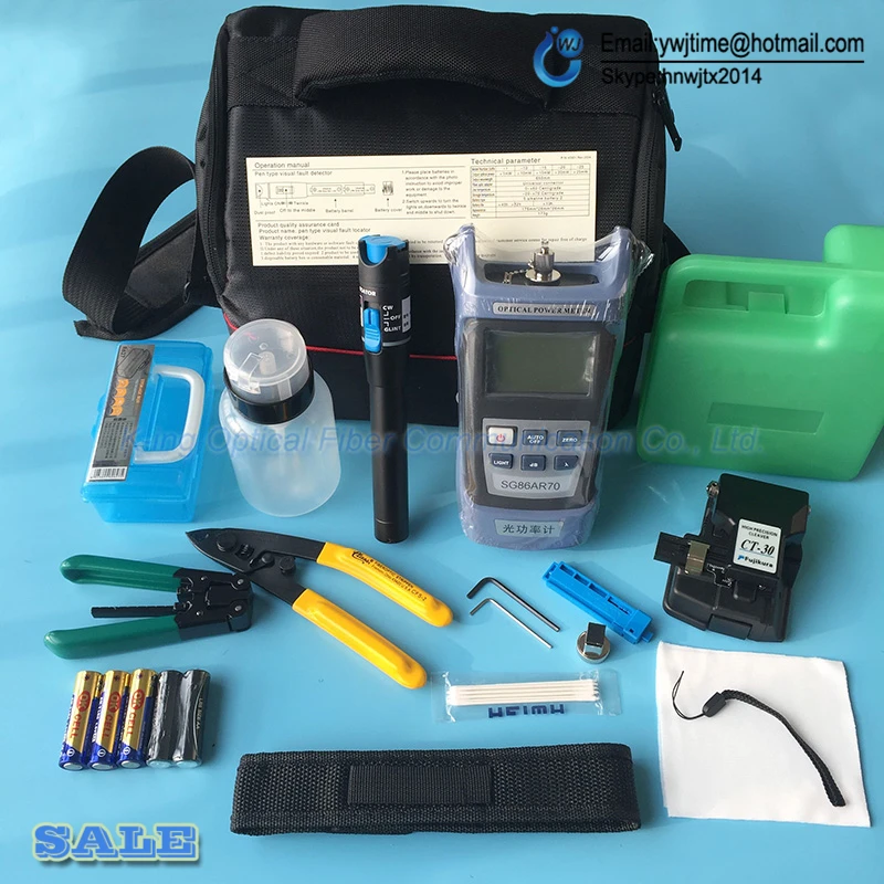

14 PCS Fiber Optic FTTH Tool Kit with CT-30 Fiber Cleaver and Optical Power Meter 5km Visual Fault Locator Wire stripper