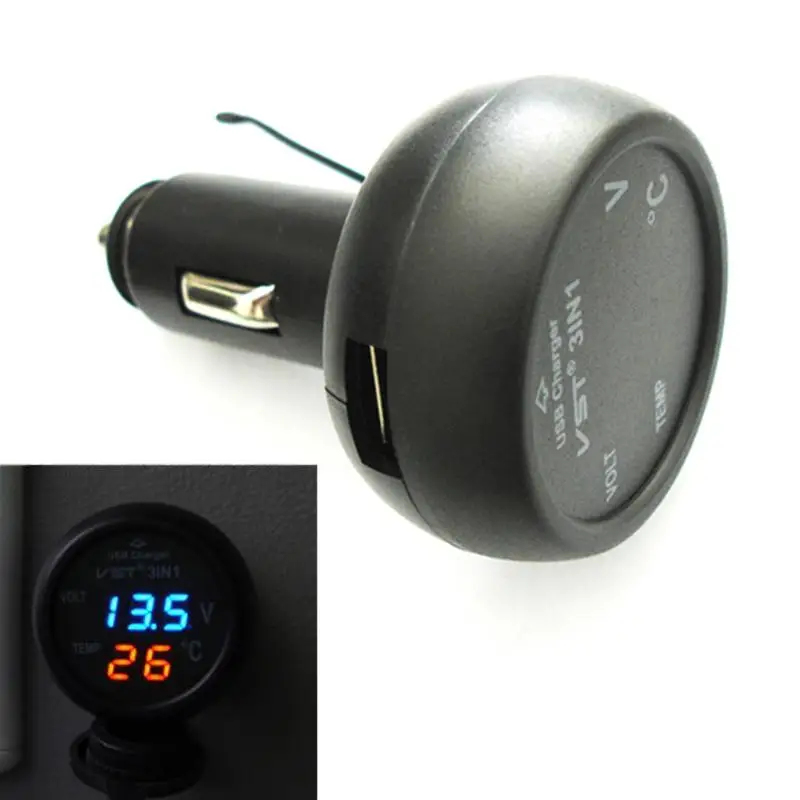 3in1 Цифровой вольтметр-Термометр 12/24V прикуривателя USB Автомобильное зарядное устройство Зарядное устройство