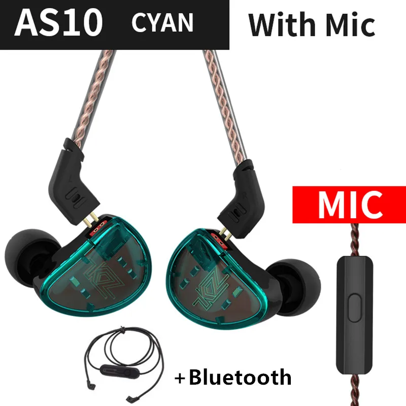 Наушники KZ AS10 Cyan 5BA с сбалансированным арматурным приводом, HIFI наушники с басами, мониторные наушники с шумоподавлением, наушники с Bluetooth - Цвет: Cyan mic Bluetooth
