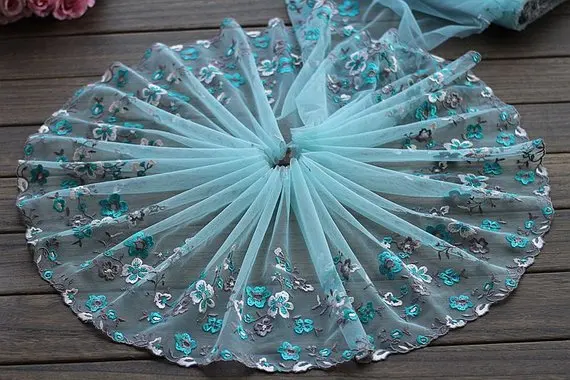

2 Yards Lace Trim Exquisite Flowers Embroidered Cyan Tulle Lace 8.66 Inches Wide High Quality