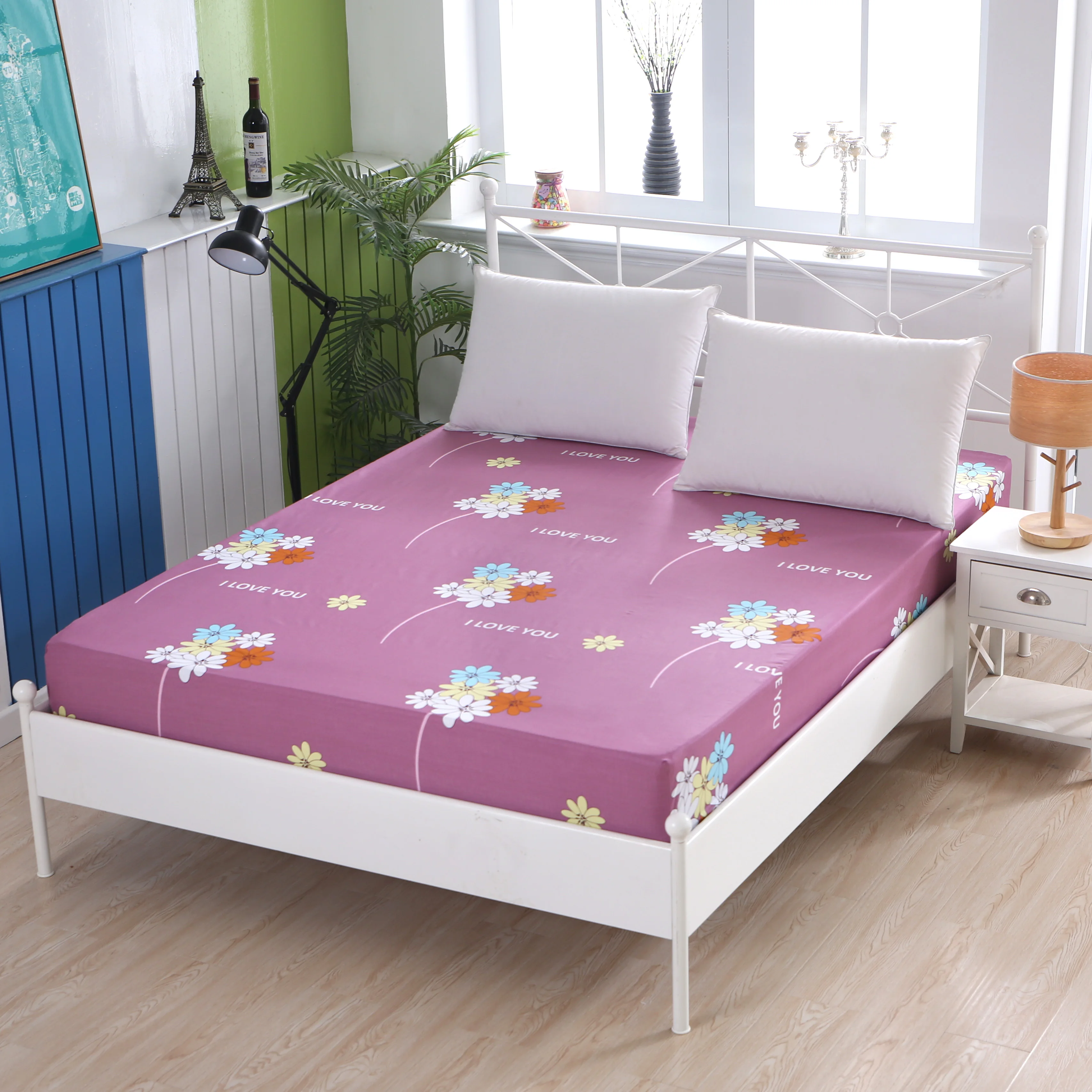  LAGMTA 1pc 100% Cotton Printing Cartoon Plant Plaid Fitted Sheet Mattress Cover Four Corners With E