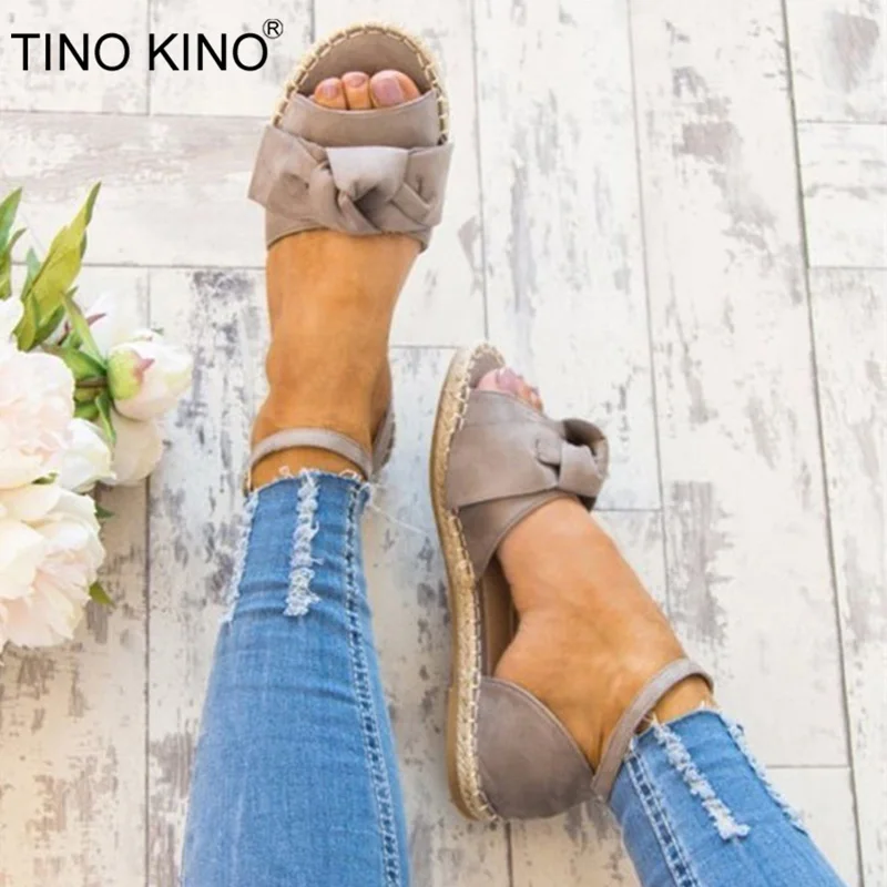 

Women Sandals Summer Flat Bowtie Two Piece Ankle Buckle Strap Female Straw Casual Shoes Plus Size Ladies Fashion Open Toe