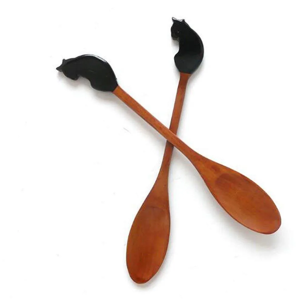 Cute Cat Wood Spoons Wooden Soup Spoon Long Handle Coffee Tea Drink Bar Cocktail Stirrer Mixing Eco Friendly Natural Ellipse Wooden 4 Pieces1