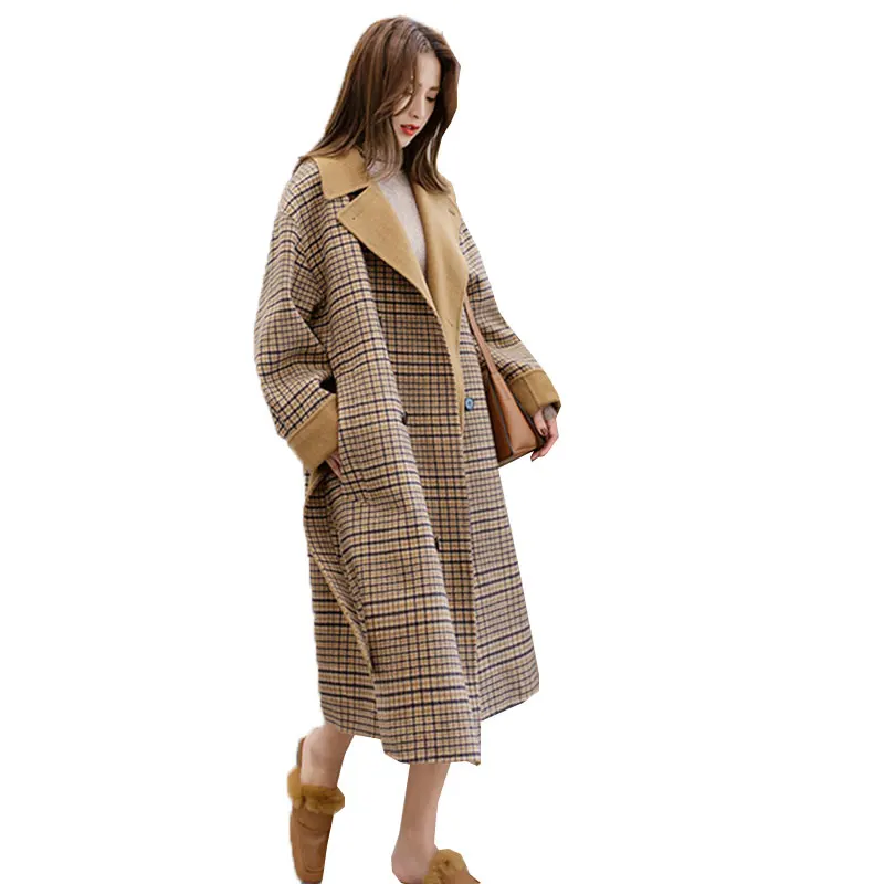 

Plaid Harajuku Plus size Winter Wool Coat Women Long Coats 2018 New Top Quality Loose Ladies Woolen Jacket casaco feminino Z529