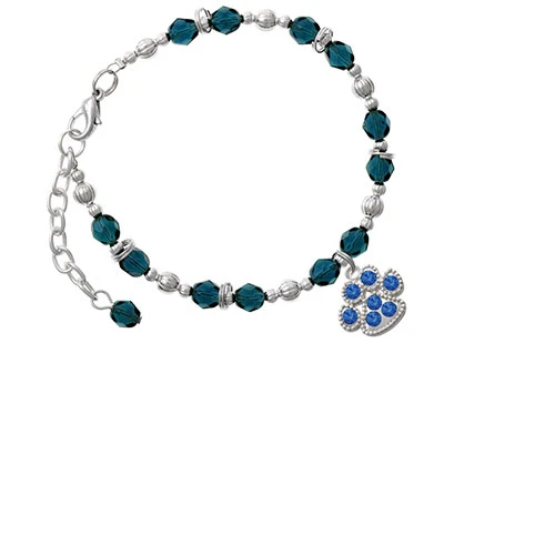 Silvertone Large Paw with Blue Crystals Navy Blue Beaded Bracelet