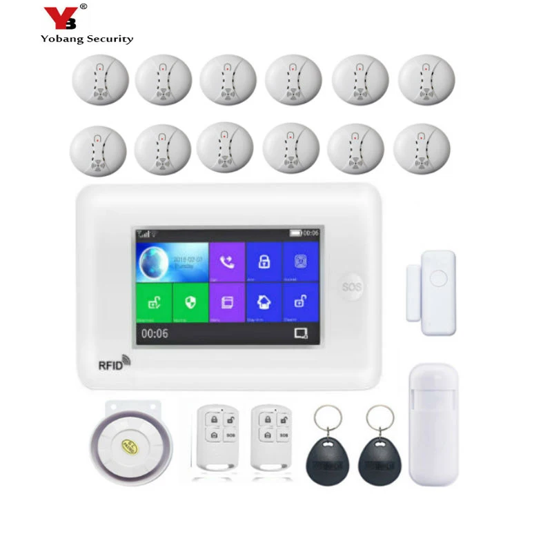 

Yobang Security WIFI Burglar Alarm System 4.3inch Full Touch Screen Smoke fire sensor detector Android IOS APP remote Control